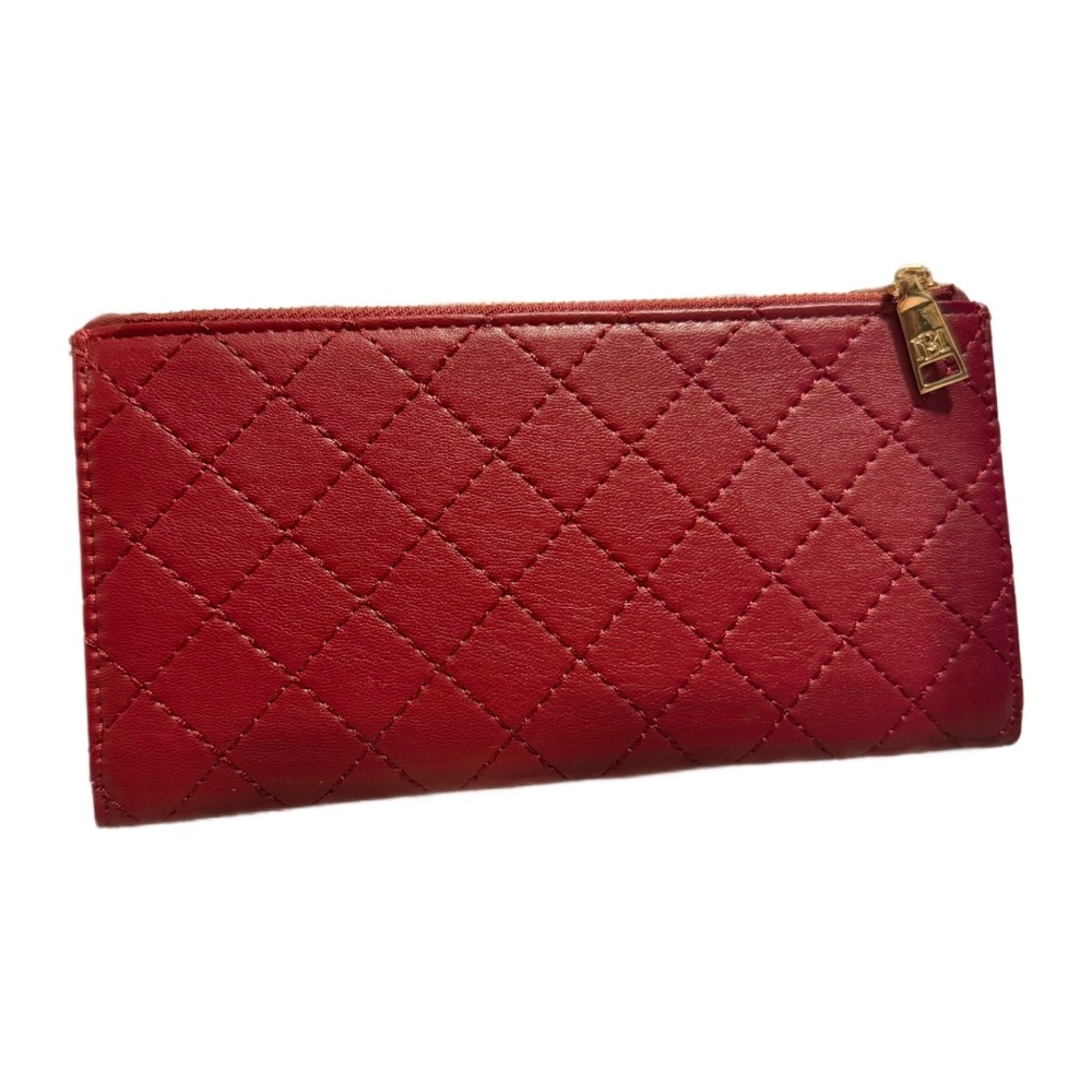 Badgley Mischka Red Quilted Wallet with Gold Logo - Picture 2 of 6
